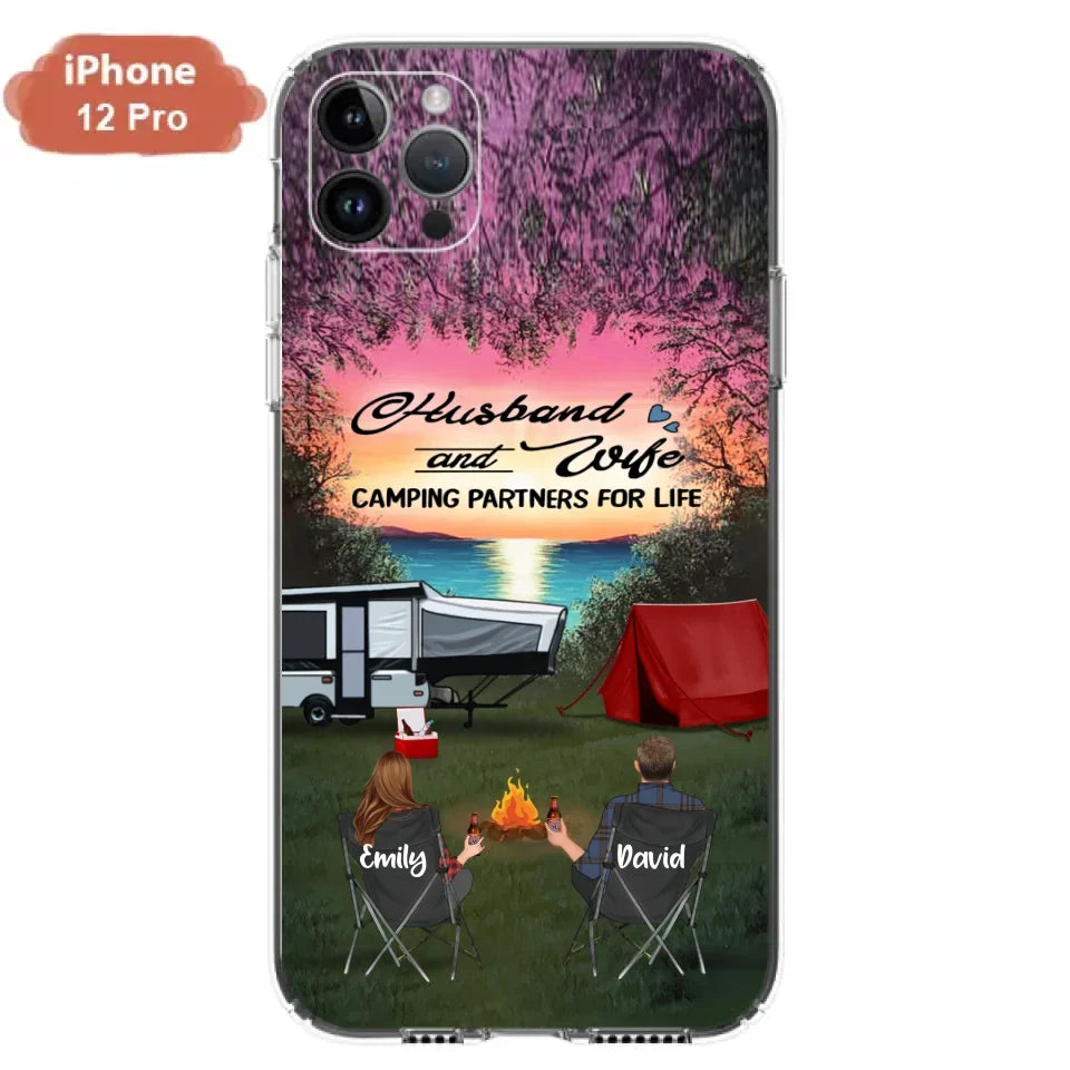 Custom Personalized Camping Phone Case - Couple With Upto 3 Kids And 4 Pets - Gift Idea For Camping Lover - Husband And Wife Camping Partners For Life - Case For iPhone And Samsung