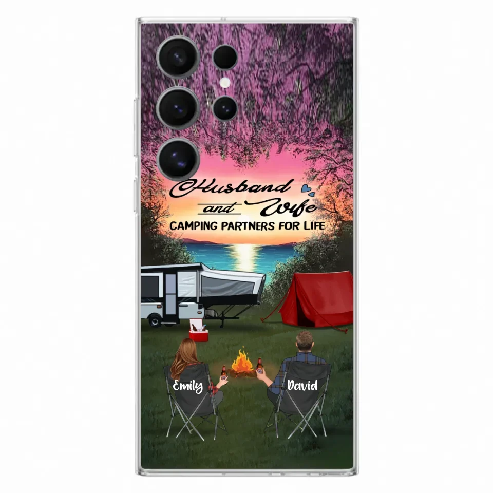 Custom Personalized Camping Phone Case - Couple With Upto 3 Kids And 4 Pets - Gift Idea For Camping Lover - Husband And Wife Camping Partners For Life - Case For iPhone And Samsung