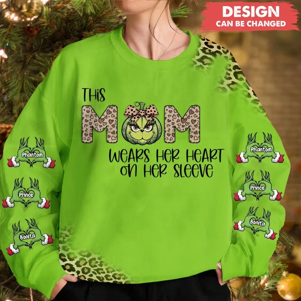 Personalized Mama AOP Sweater - Up to 6 Kids - Christmas Gift Idea For Grandma/Mother - This Mom Wears Her Heart On Her Sleeve