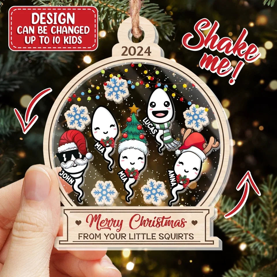 Personalized Christmas 3 Layered Shaker Ornament -  Gift Idea For Father/Mother - Up to 10 Kids - Merry Christmas From Your Little Squirts
