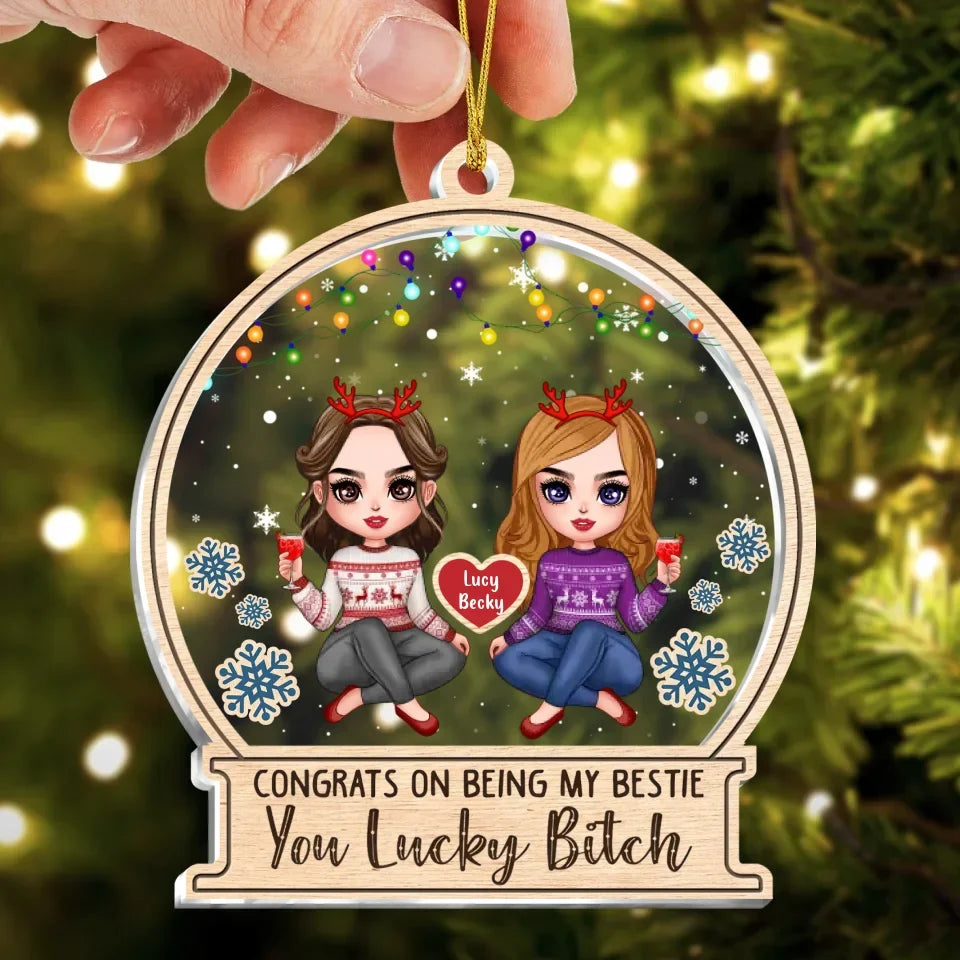 Personalized Besties 3 Layered Shaker Ornament -  Christmas Gift Idea For Friends/Besties/Sisters
