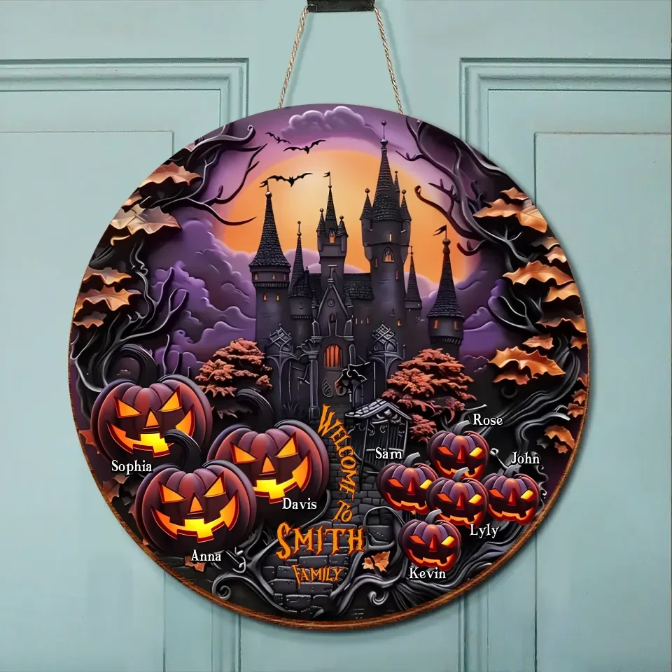 Personalized Halloween Circle Wooden Sign - Halloween Gift Idea For Family