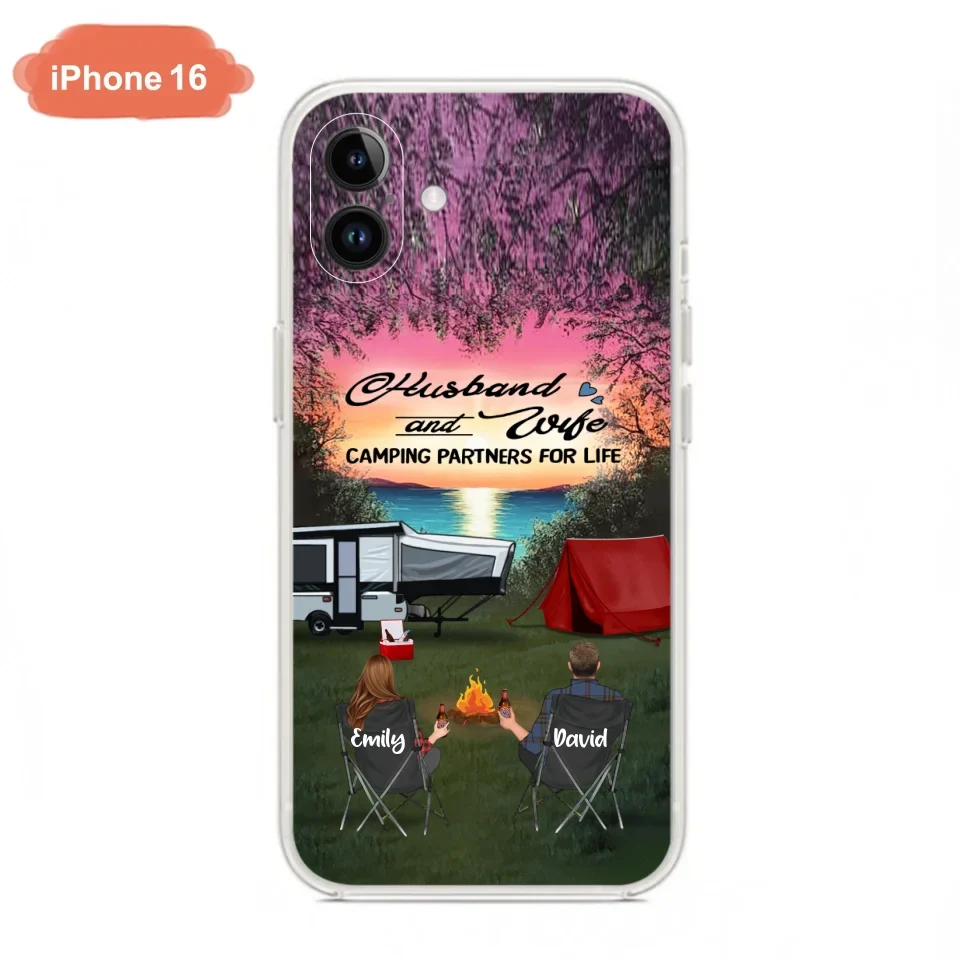 Custom Personalized Camping Phone Case - Couple With Upto 3 Kids And 4 Pets - Gift Idea For Camping Lover - Husband And Wife Camping Partners For Life - Case For iPhone And Samsung