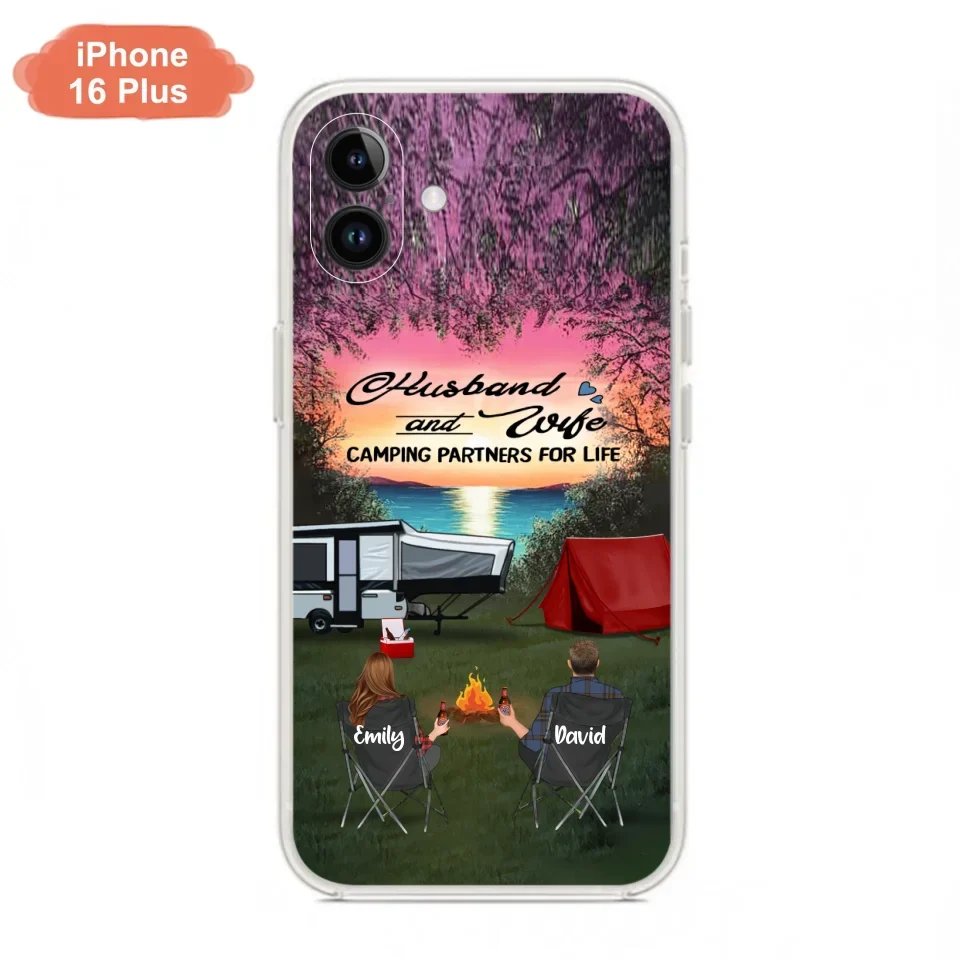 Custom Personalized Camping Phone Case - Couple With Upto 3 Kids And 4 Pets - Gift Idea For Camping Lover - Husband And Wife Camping Partners For Life - Case For iPhone And Samsung