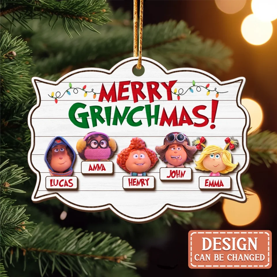 Personalized Grinchmas 2 Layered Wooden Ornament - Up to 7 Members - Christmas Gift Idea For Family/Friends - Merry Grinchmas
