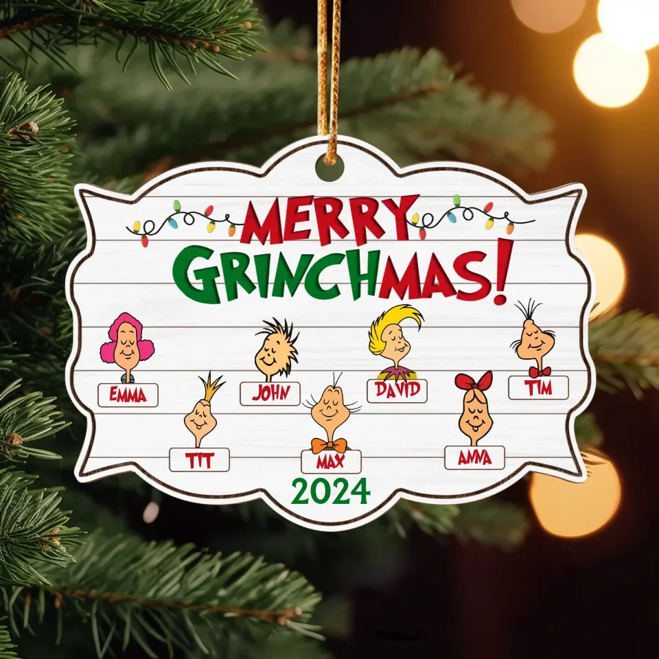 Personalized Merry Grinchmas 2 Layered Wooden Ornament - Up to 7 Members - Christmas Gift Idea For Family/Friends
