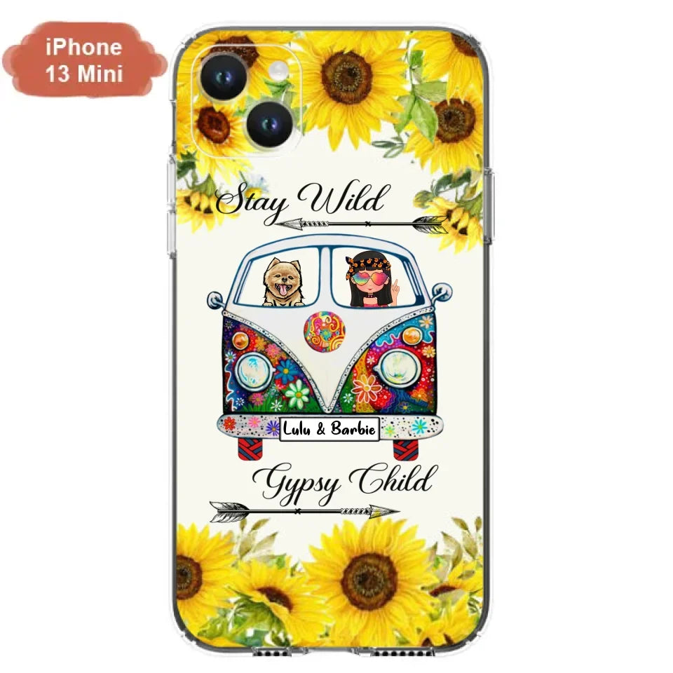 Personalized Hippie Girl Phone Case - Girl with up to 3 Pets - Phone case for iPhone, Samsung and Xiaomi