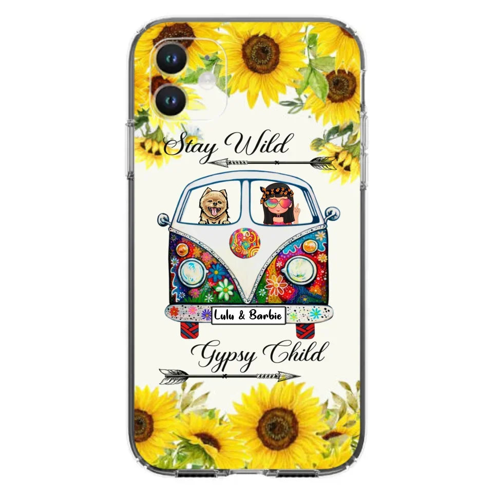 Personalized Hippie Girl Phone Case - Girl with up to 3 Pets - Phone case for iPhone, Samsung and Xiaomi