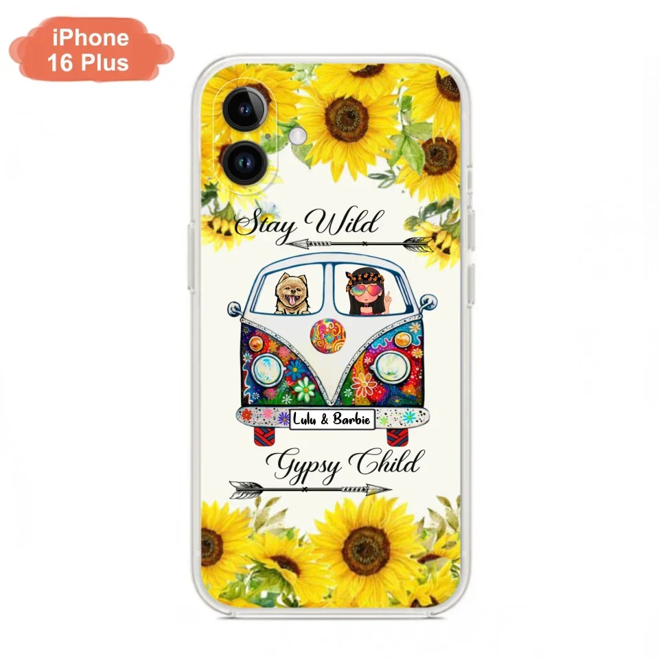 Personalized Hippie Girl Phone Case - Girl with up to 3 Pets - Phone case for iPhone, Samsung and Xiaomi