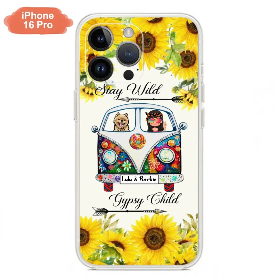 Personalized Hippie Girl Phone Case - Girl with up to 3 Pets - Phone case for iPhone, Samsung and Xiaomi