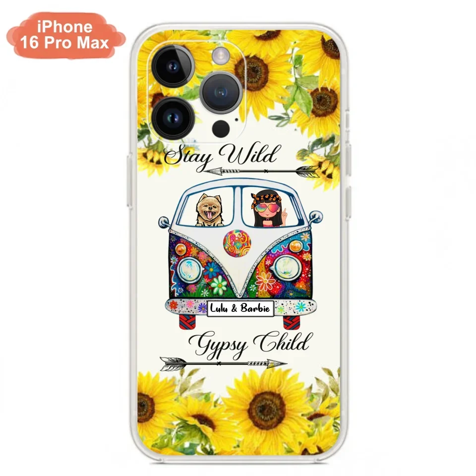 Personalized Hippie Girl Phone Case - Girl with up to 3 Pets - Phone case for iPhone, Samsung and Xiaomi
