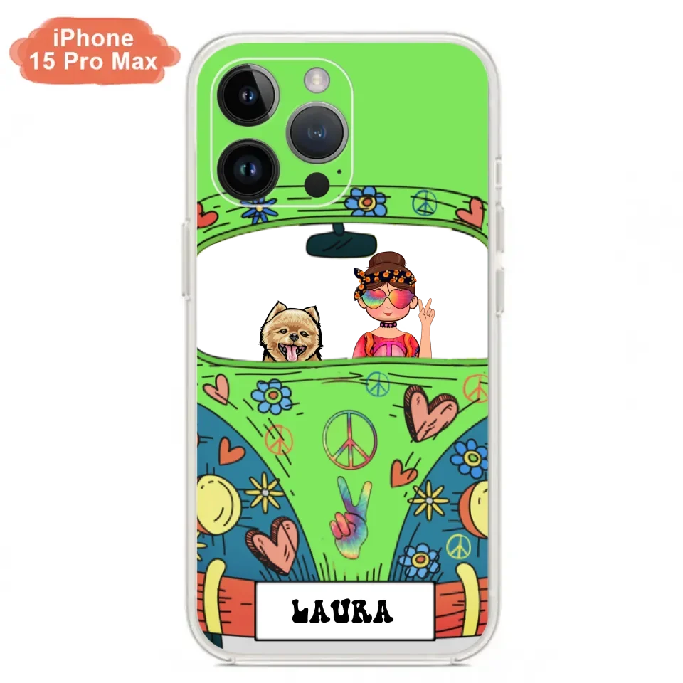 Personalized Hippie Girl Phone Case - Girl with up to 3 Pets - Case for iPhone, Samsung and Xiaomi