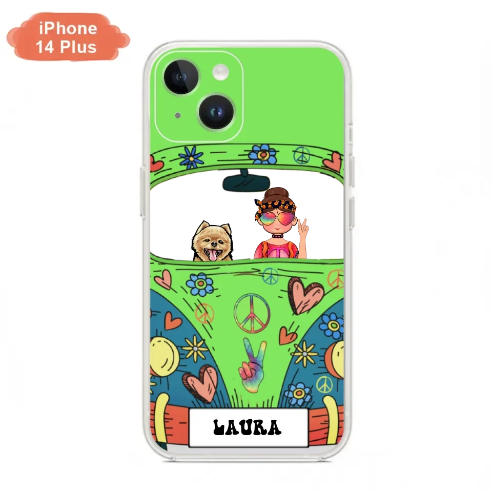 Personalized Hippie Girl Phone Case - Girl with up to 3 Pets - Case for iPhone, Samsung and Xiaomi
