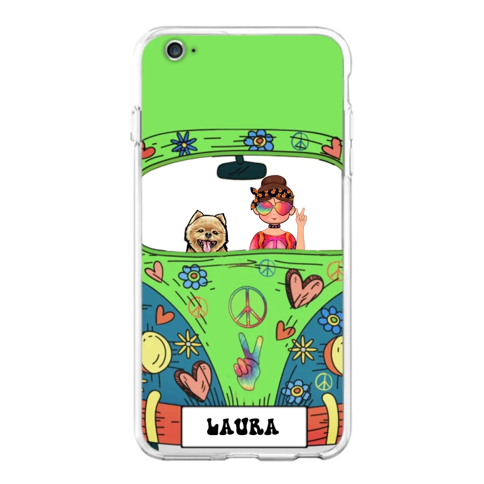 Personalized Hippie Girl Phone Case - Girl with up to 3 Pets - Case for iPhone, Samsung and Xiaomi