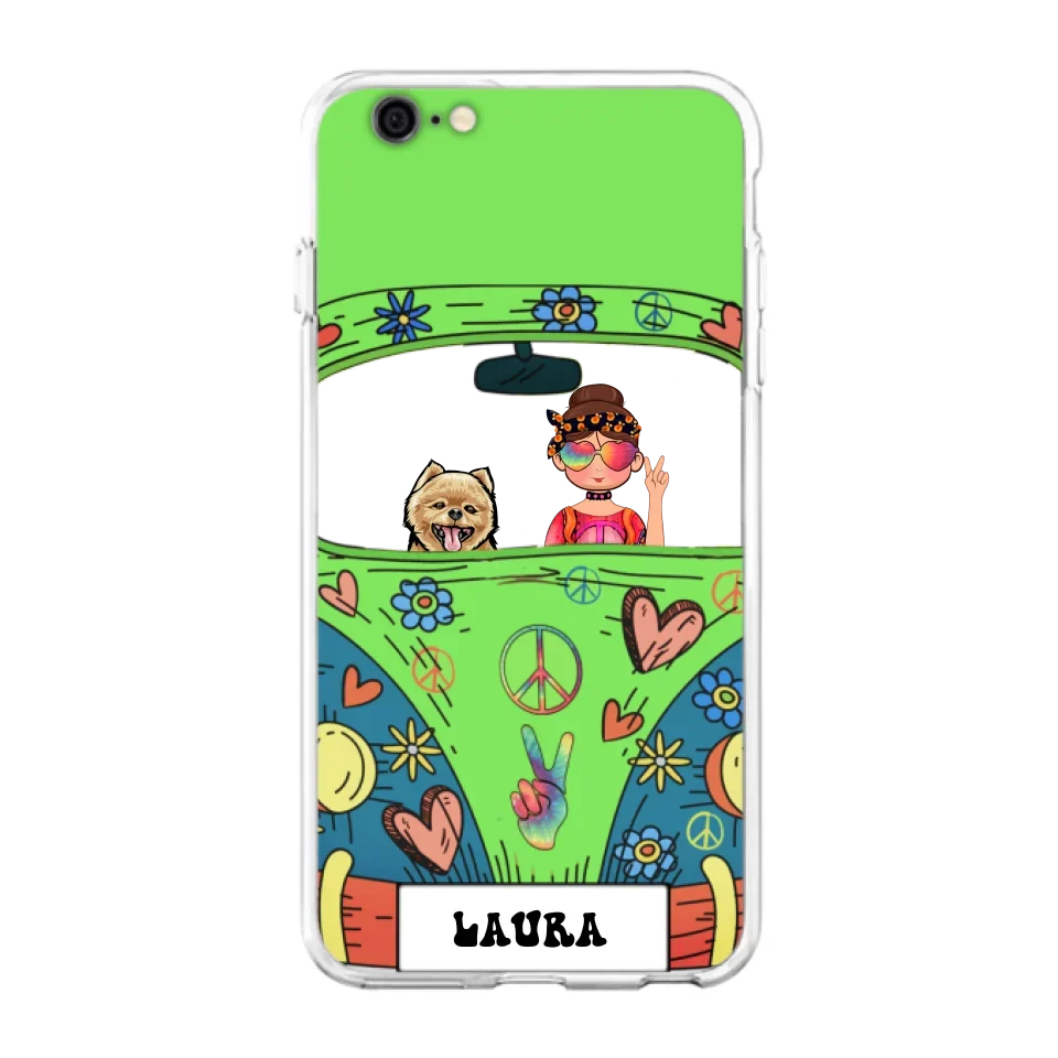 Personalized Hippie Girl Phone Case - Girl with up to 3 Pets - Case for iPhone, Samsung and Xiaomi