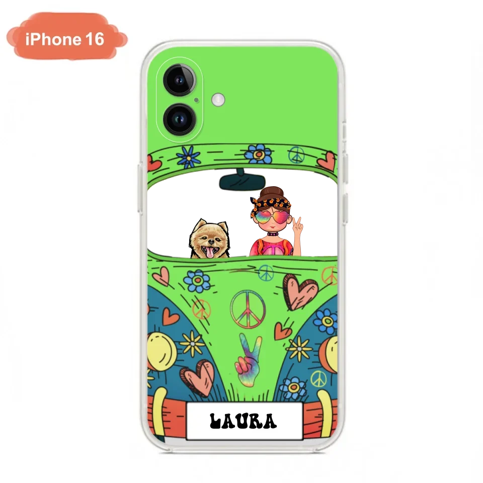 Personalized Hippie Girl Phone Case - Girl with up to 3 Pets - Case for iPhone, Samsung and Xiaomi
