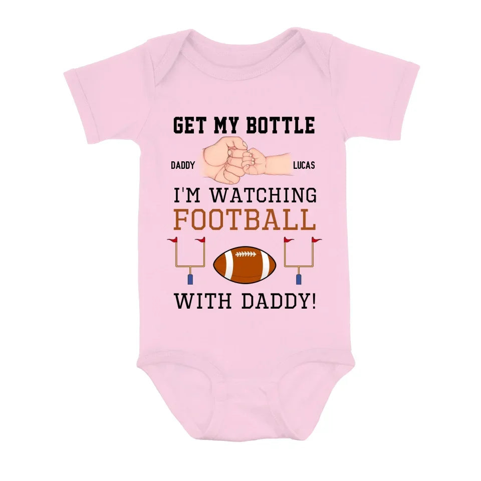 Personalized Watching Football Baby Onesie - Gift Idea For Your Kid - Get My Bottle I'm Watching Football With Daddy