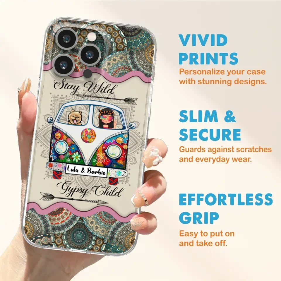 Personalized Hippie Phone Case - Girl with up to 3 Pets - Stay wild gypsy child