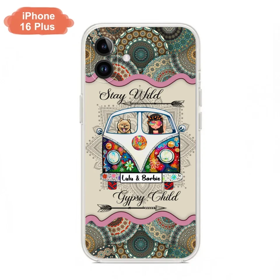 Personalized Hippie Phone Case - Girl with up to 3 Pets - Stay wild gypsy child