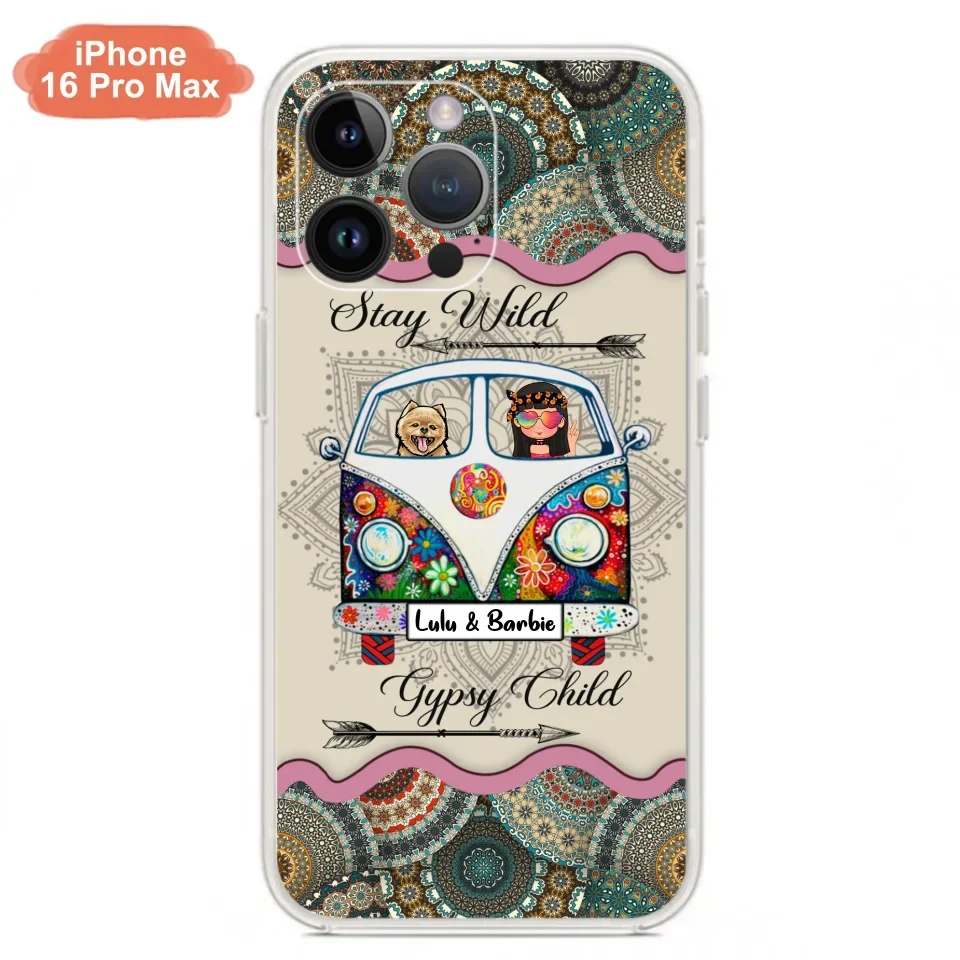 Personalized Hippie Phone Case - Girl with up to 3 Pets - Stay wild gypsy child
