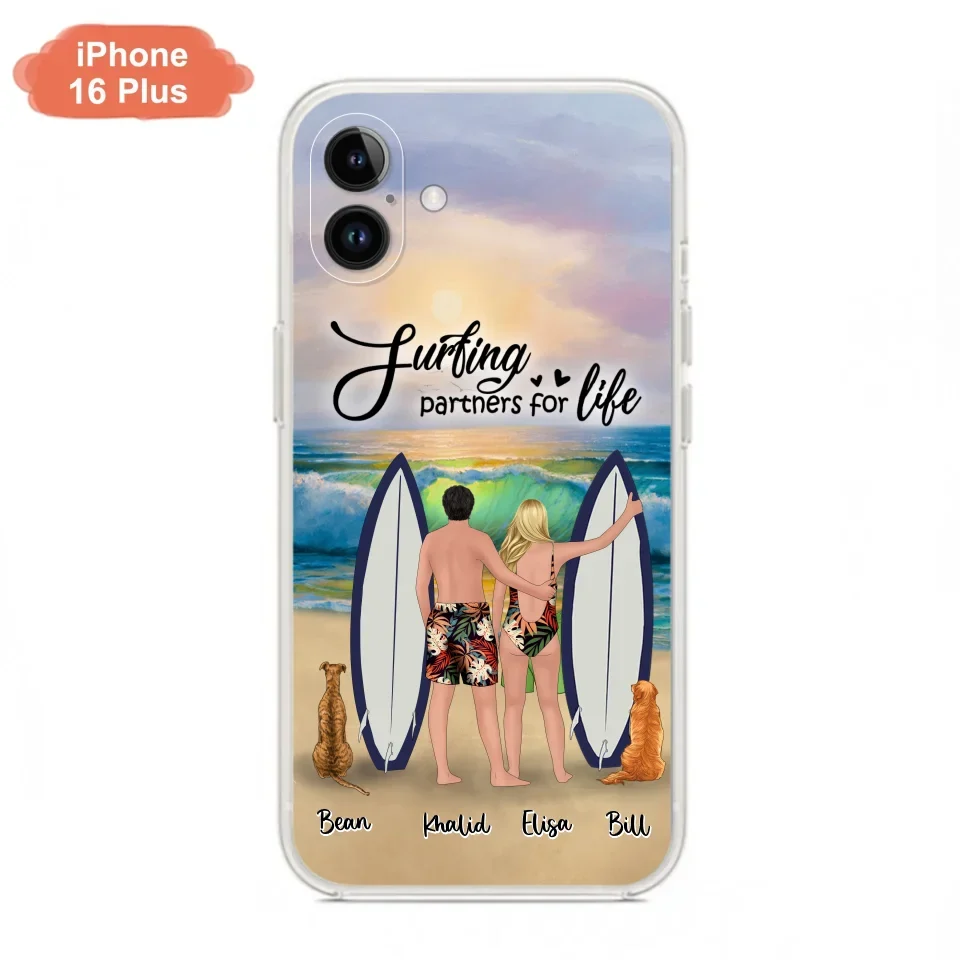 Custom Personalized Surfing Phone Case - Couple And 2 Pets - Phone Case For iPhone and Samsung - Surfing Partners For Life - CCS180