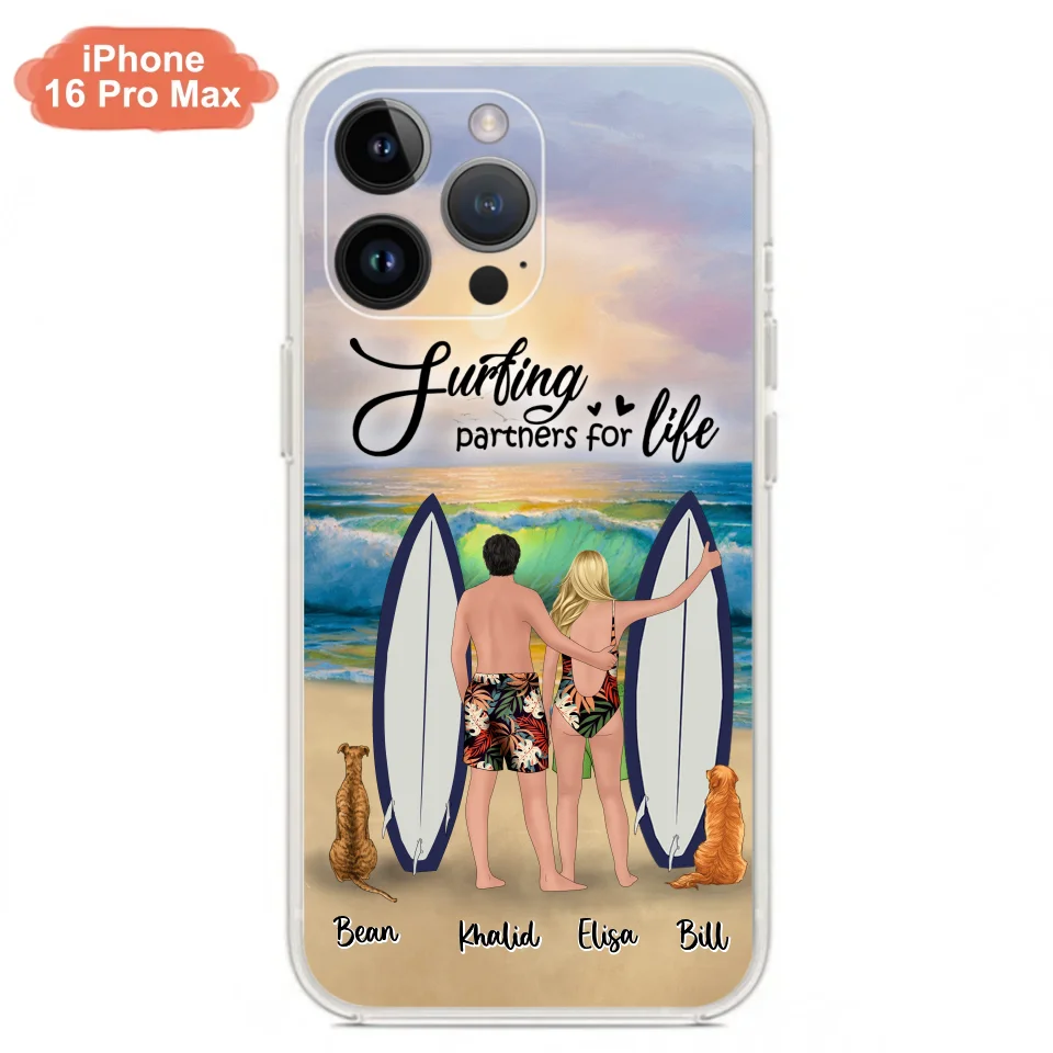 Custom Personalized Surfing Phone Case - Couple And 2 Pets - Phone Case For iPhone and Samsung - Surfing Partners For Life - CCS180