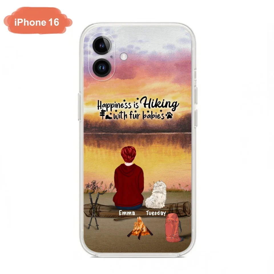 Custom Personalized Hiking Phone Case - Man/ Woman/ Couple With Upto 4 Pets - Gift For Cat/ Dog Lover - Happiness Is Hiking With Fur Babies - Case For iPhone And Samsung