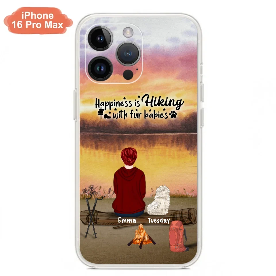 Custom Personalized Hiking Phone Case - Man/ Woman/ Couple With Upto 4 Pets - Gift For Cat/ Dog Lover - Happiness Is Hiking With Fur Babies - Case For iPhone And Samsung