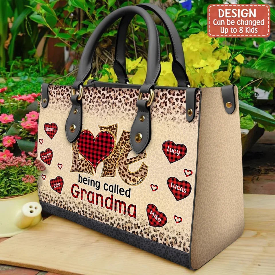 Personalized Grandma PU Leather Handbag With Long Straps - Gift Idea For Grandma - Up to 8 Kids - Love Being Called Grandma