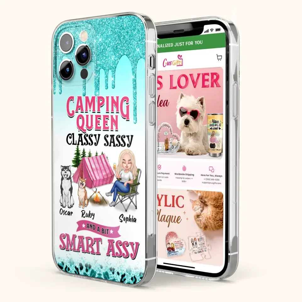 Custom Personalized Camping Phone Case - Gift for Camping Lovers, Dog Mom - Camping Queen Dog Mom - Up to 2 Dogs - Camping Queen classy sassy and a bit smart assy