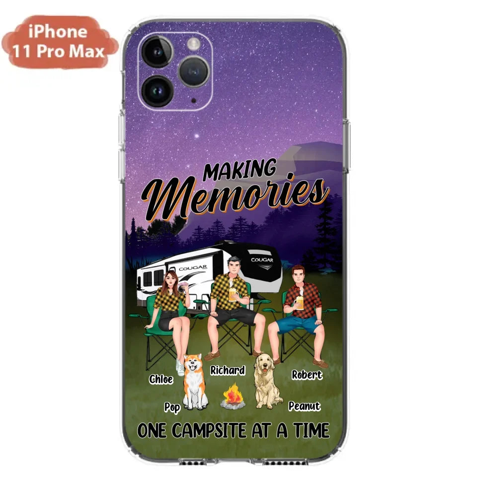 Custom Personalized Camping Phone Case - Gift Idea For Camping Lover/ Friends/ Couple - Upto 3 People And 2 Dogs - Making Memories One Campsite At A Time - Case For iPhone And Samsung