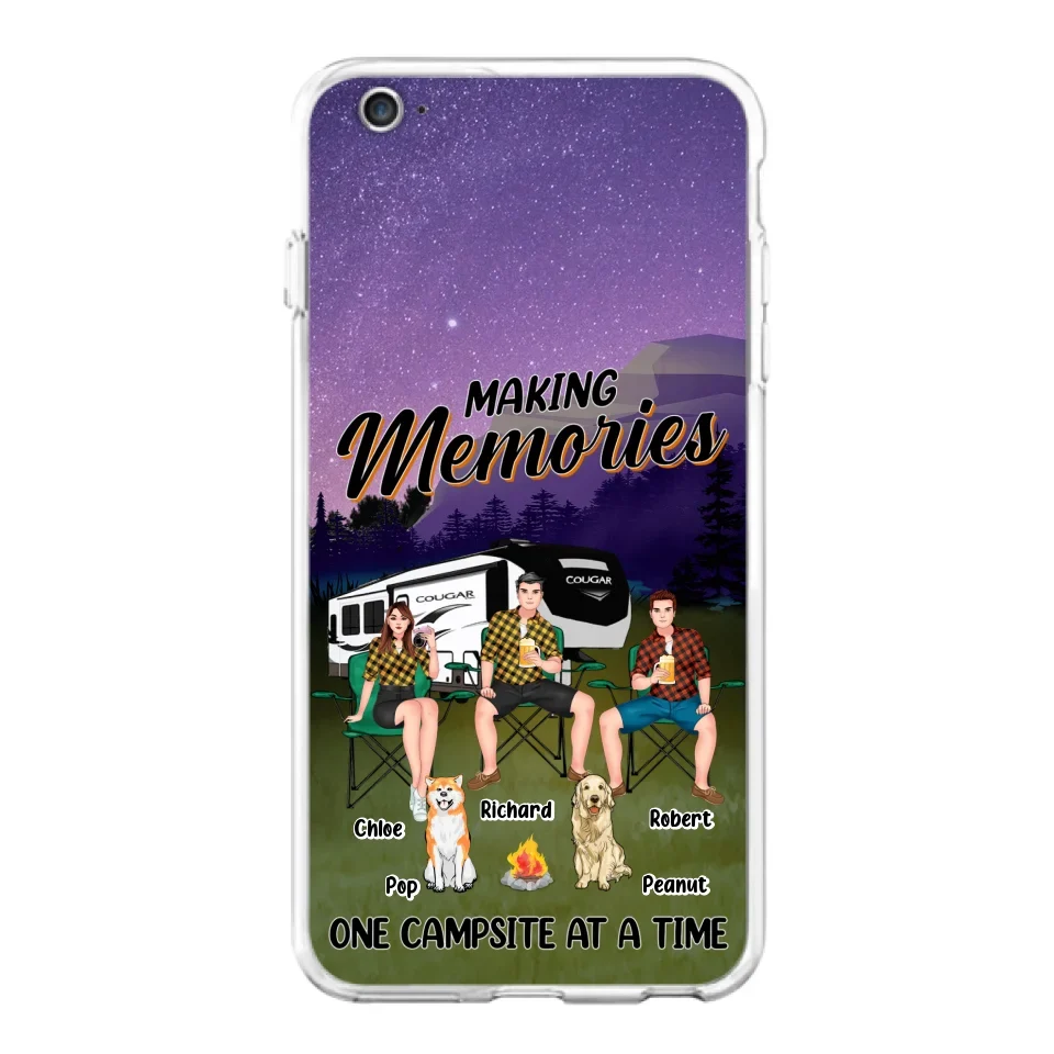 Custom Personalized Camping Phone Case - Gift Idea For Camping Lover/ Friends/ Couple - Upto 3 People And 2 Dogs - Making Memories One Campsite At A Time - Case For iPhone And Samsung