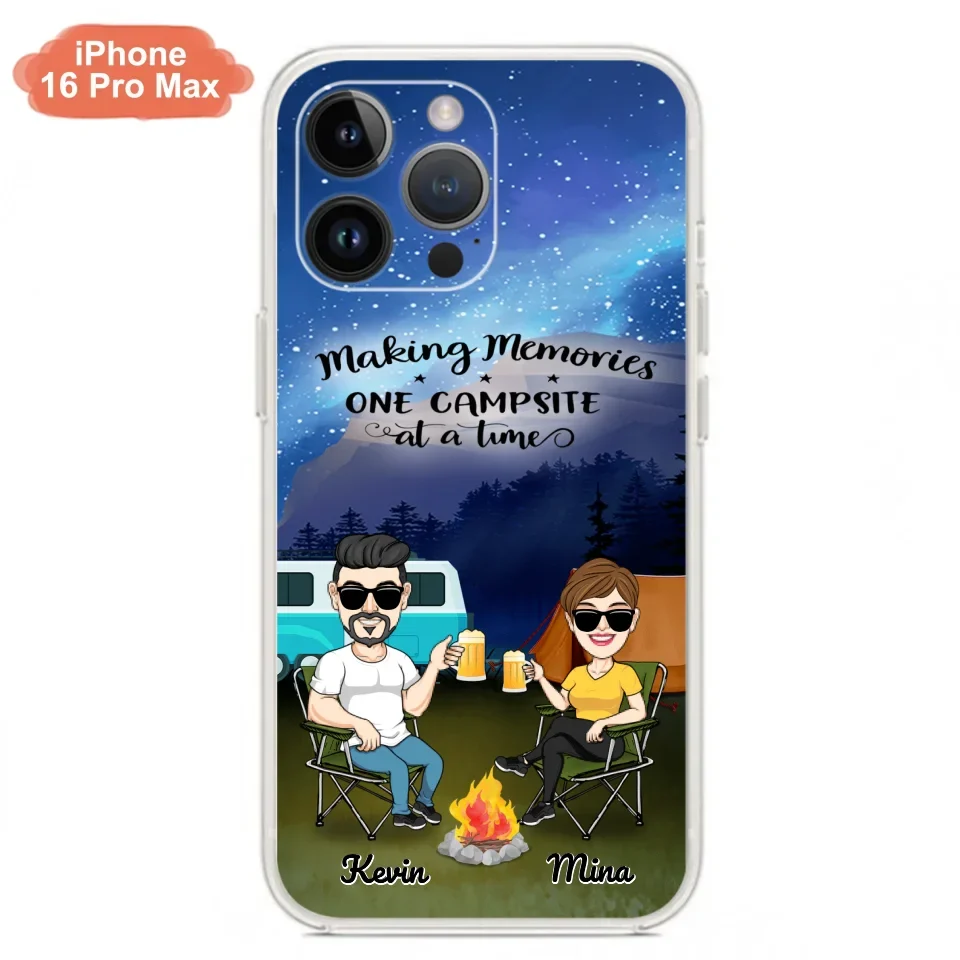 Custom Personalized Night Camping Phone Case - Couple With Up to 3 Dogs - Gift For Couple/ Camping Lover - Making Memories One Campsite At A Time - Case For iPhone And Samsung