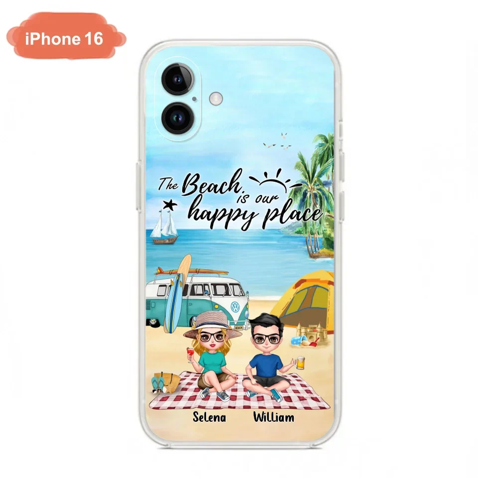 Custom Personalized Summer Beach Picnic Camping Phone Case - Upto 5 People - Gift Idea For Camping Couple/ Friends - The Beach Is Our Happy Place - Case For iPhone And Samsung