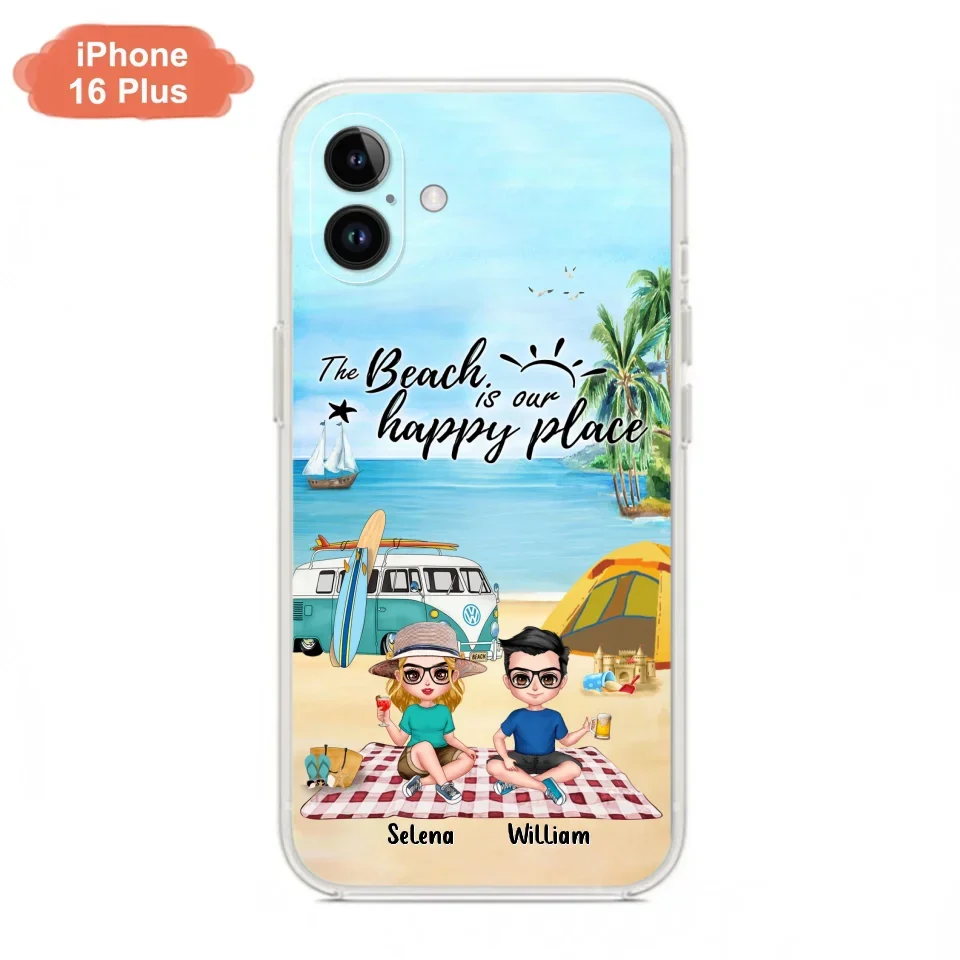 Custom Personalized Summer Beach Picnic Camping Phone Case - Upto 5 People - Gift Idea For Camping Couple/ Friends - The Beach Is Our Happy Place - Case For iPhone And Samsung