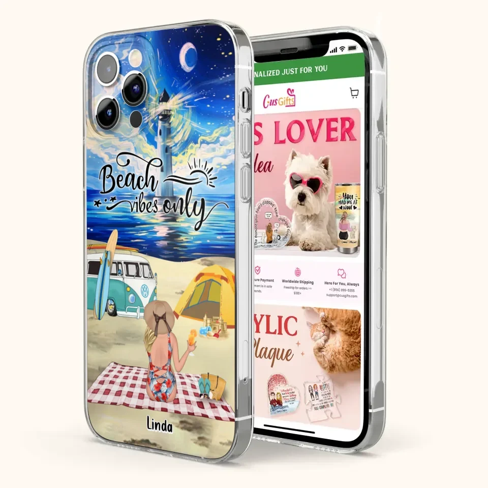 Custom Personalized Camping Beach Phone Case - Upto 4 People - Best Gift For Camping/Couple Lover - The Beach Is Our Happy Place - Case For iPhone And Samsung