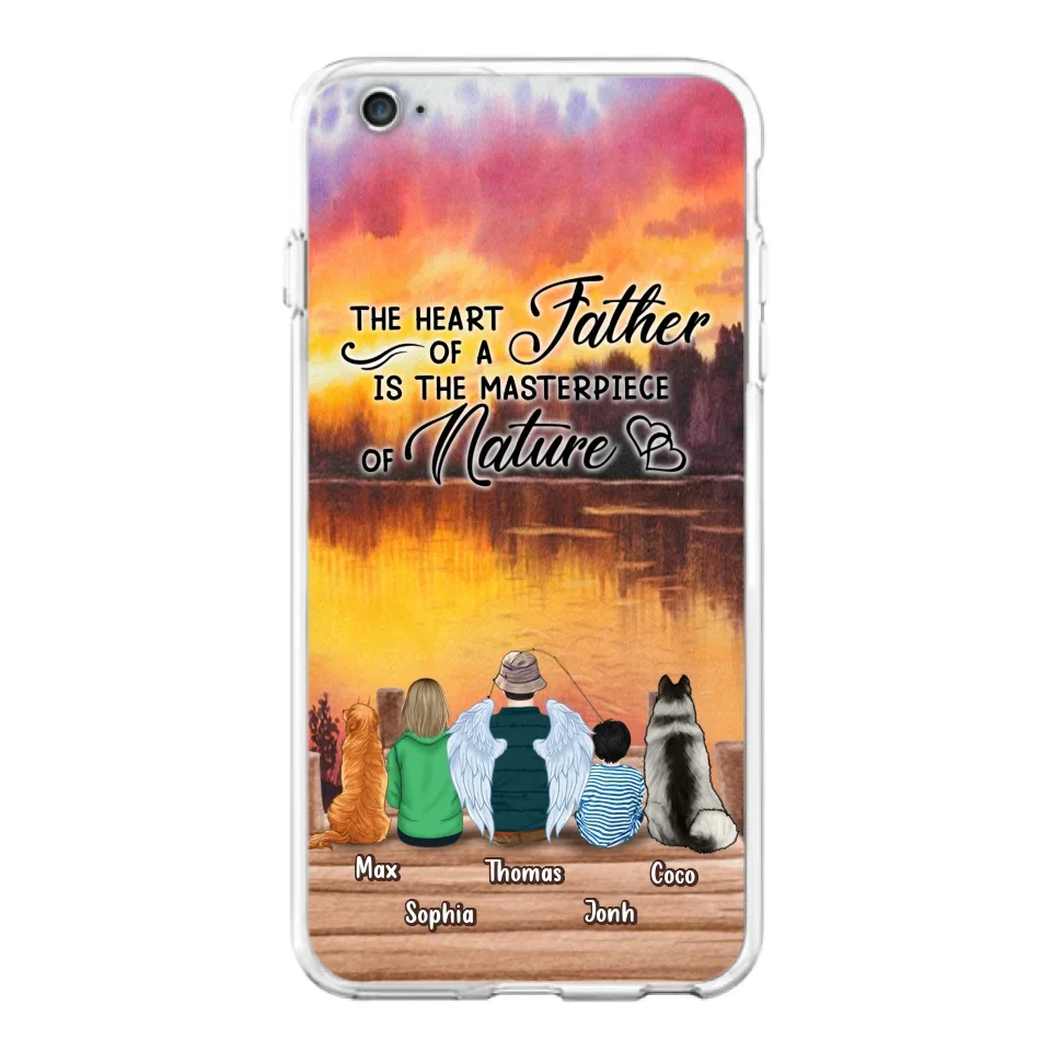 Custom Personalized Father Fishing Phone Case - Father With Up to 2 Kids And 2 Pets - Gift Idea For Father/ Fishing Lover - The Heart Of A Father Is The Masterpiece Of Nature - Case For iPhone And Samsung