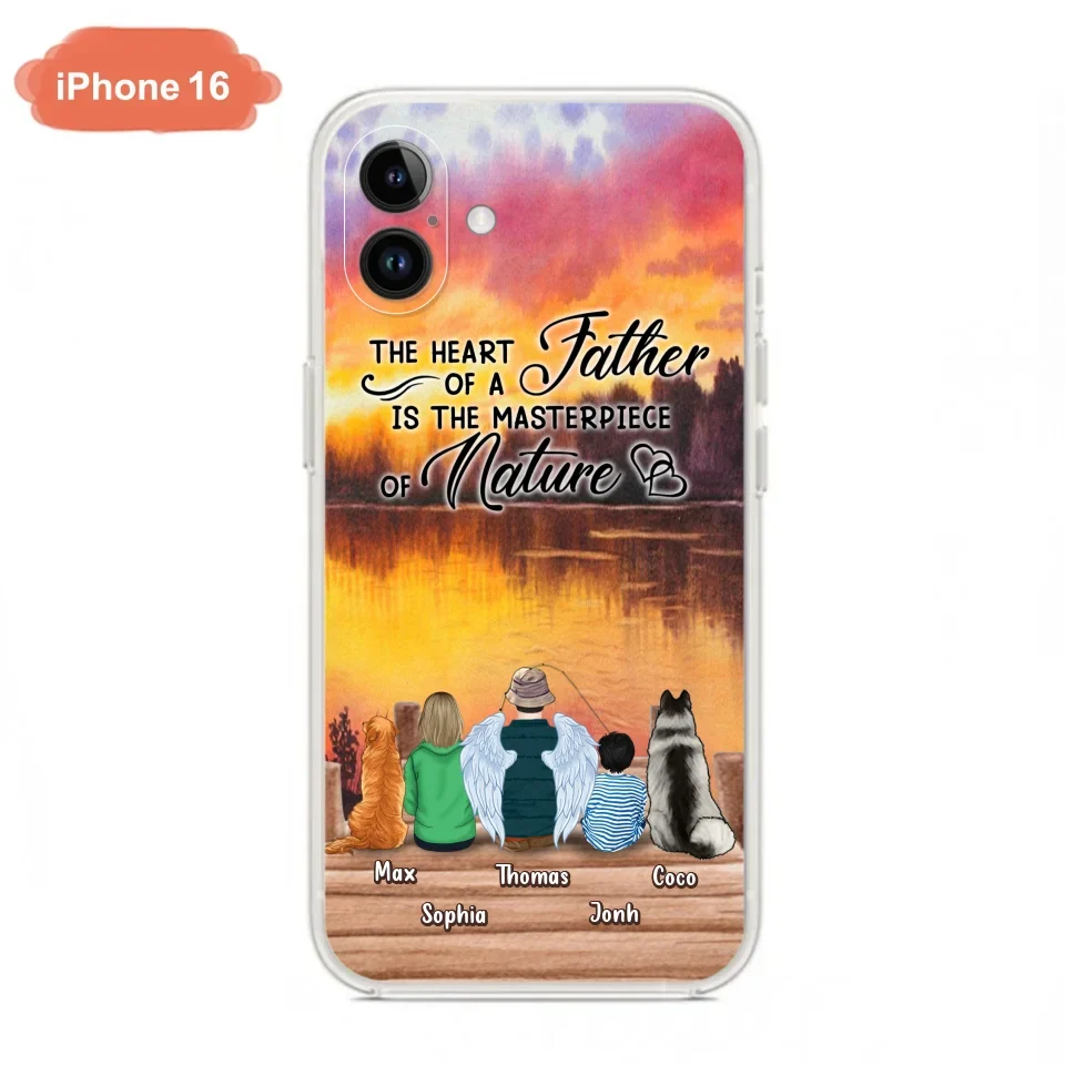 Custom Personalized Father Fishing Phone Case - Father With Up to 2 Kids And 2 Pets - Gift Idea For Father/ Fishing Lover - The Heart Of A Father Is The Masterpiece Of Nature - Case For iPhone And Samsung