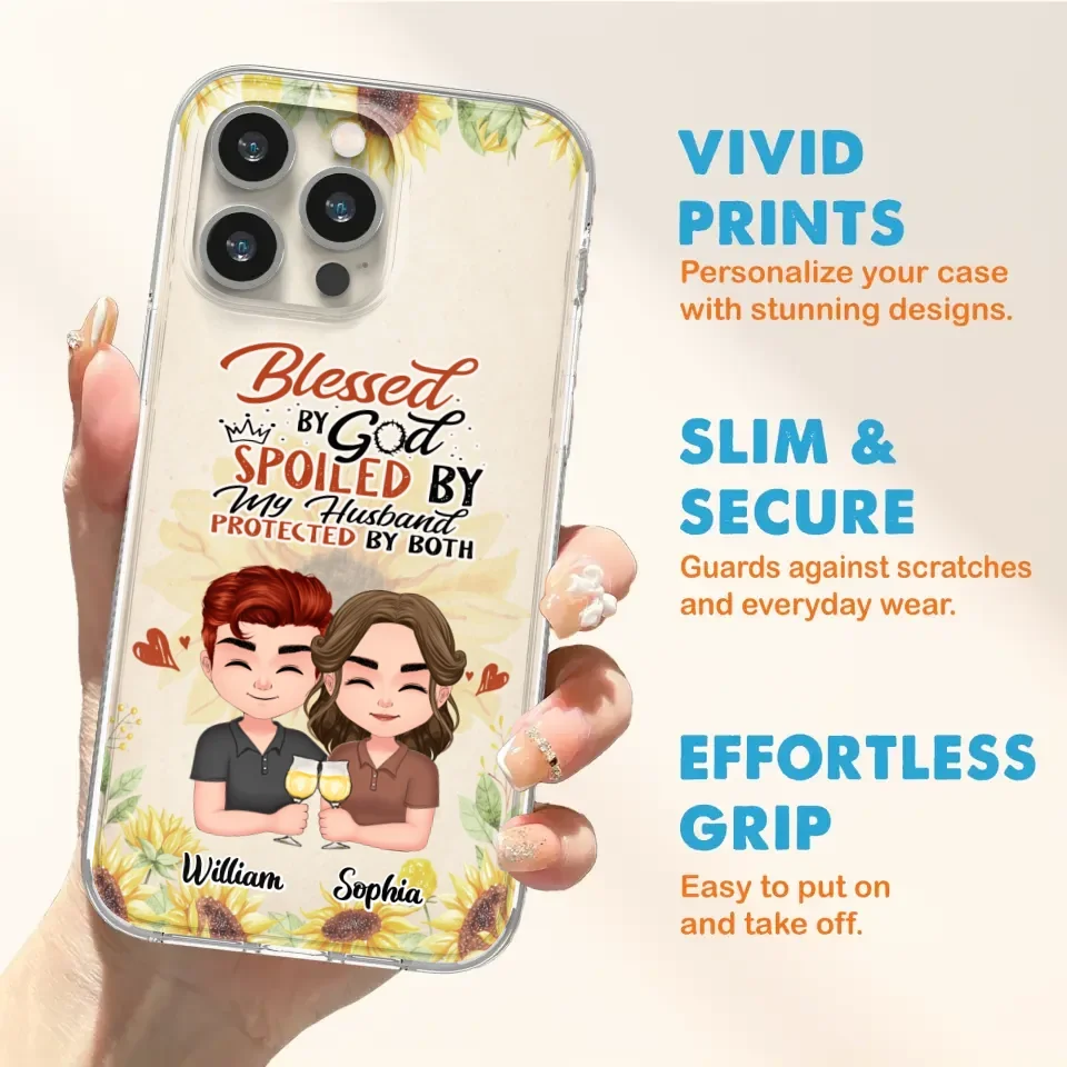 Custom Personalized Chibi Couple Phone Case - Gift Idea For Couple - Blessed By God, Spoiled By My Husband, Protected By Both - Case For iPhone & Samsung