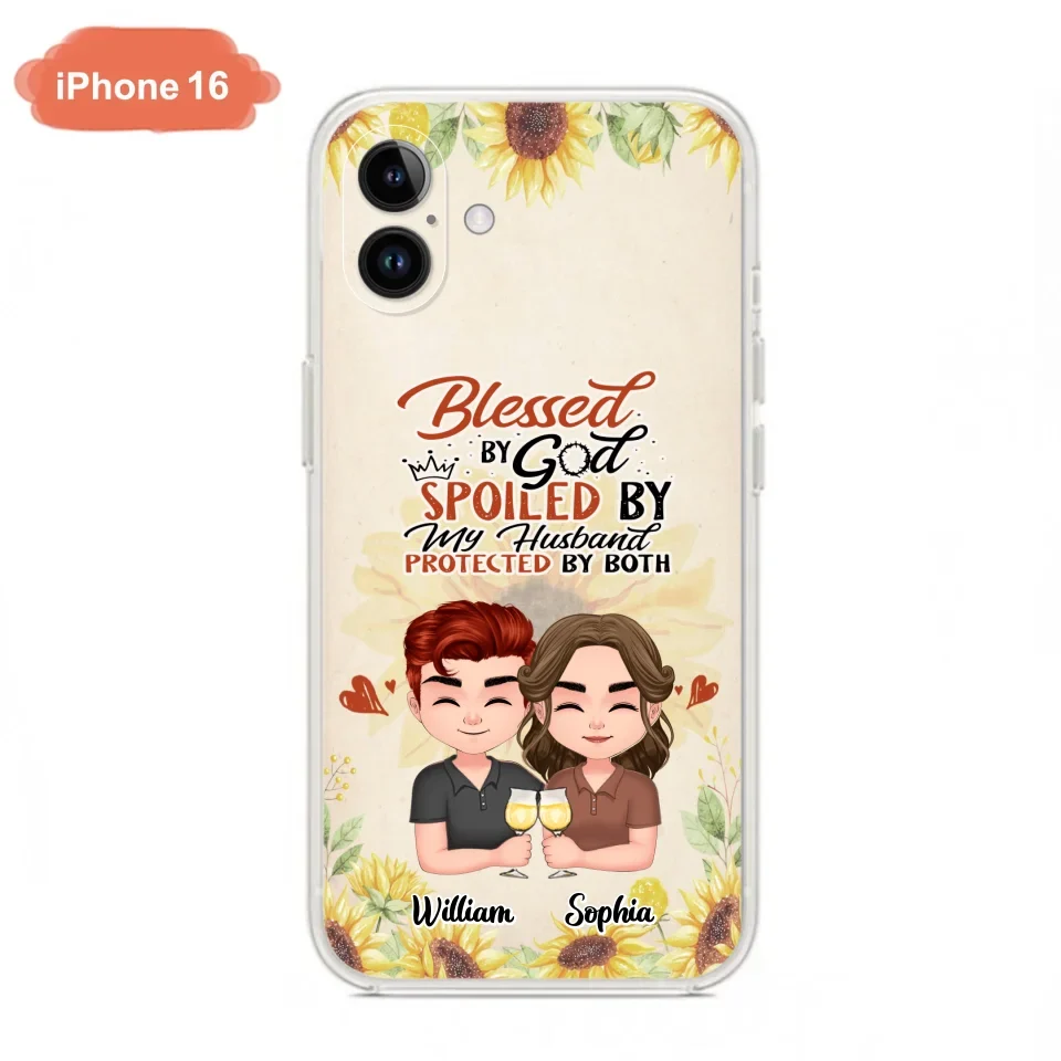 Custom Personalized Chibi Couple Phone Case - Gift Idea For Couple - Blessed By God, Spoiled By My Husband, Protected By Both - Case For iPhone & Samsung