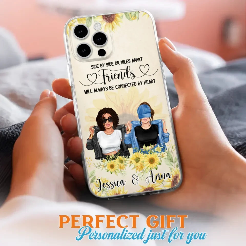 Custom Personalized Friends Phone Case - Upto 4 Girls - Gift Idea For Best Friends - Side By Side Or Miles Apart Friends Will Always Be Connected By Heart - Case for iPhone/Samsung