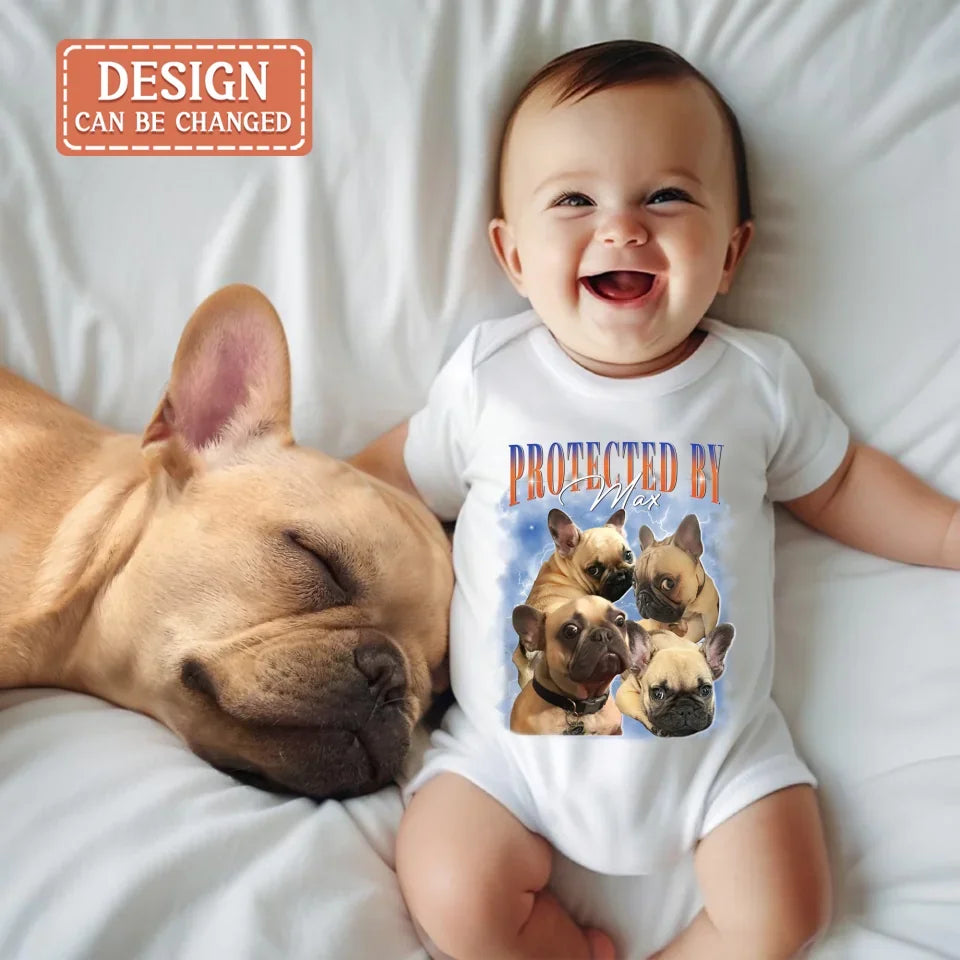 Personalized Protected Baby Onesie - Upload Dog's Photo up to 4 Photos - Enter Dog's Name