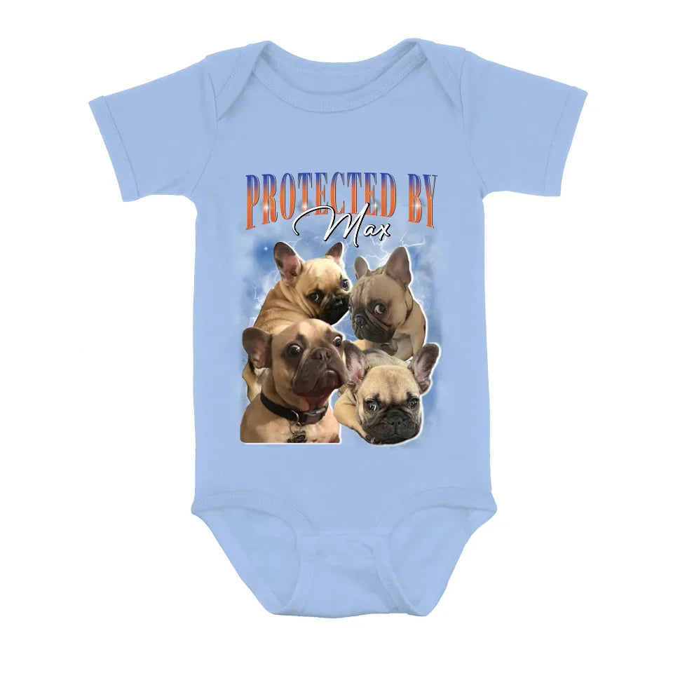 Personalized Protected Baby Onesie - Upload Dog's Photo up to 4 Photos - Enter Dog's Name
