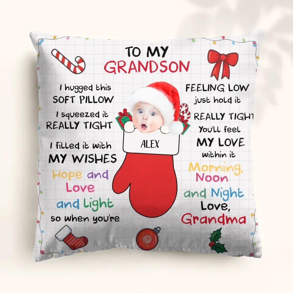 Personalized Christmas Pillow Cover - Christmas Gift Idea From Grandma - Upload Photo - To My Grandson/Granddaughter