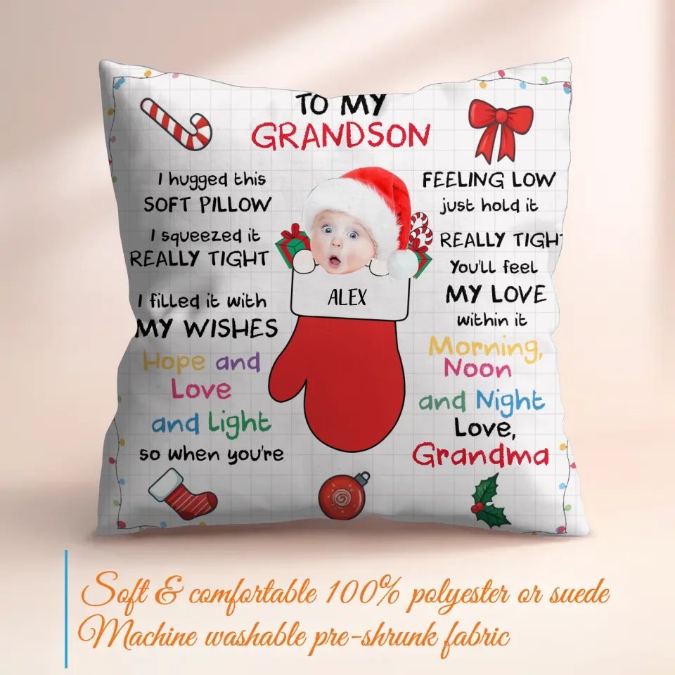 Personalized Christmas Pillow Cover - Christmas Gift Idea From Grandma - Upload Photo - To My Grandson/Granddaughter