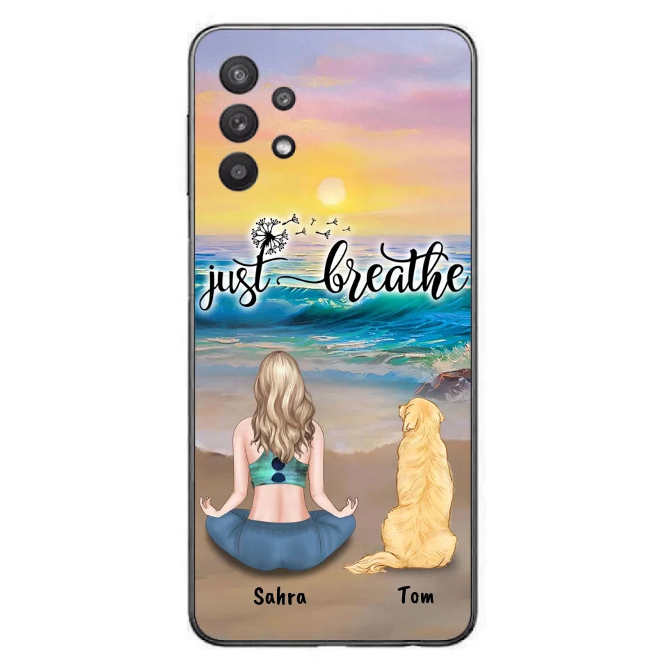 Custom Personalized Yoga Woman & Dog Phone Case - Upto 2 Dogs - Gifts For Yoga/ Dog Lovers - Just Breathe - Case For iPhone, Samsung And Xiaomi - 606HWH