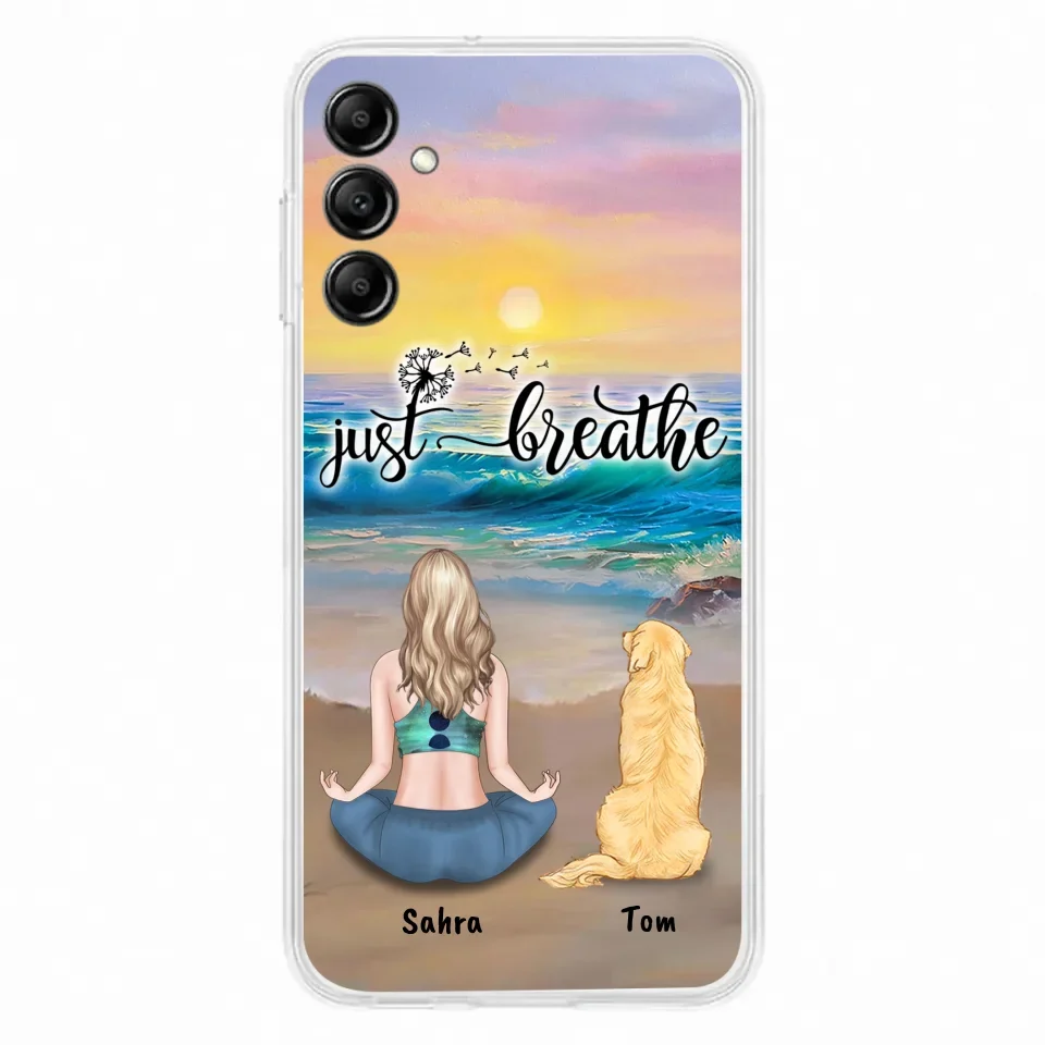 Custom Personalized Yoga Woman & Dog Phone Case - Upto 2 Dogs - Gifts For Yoga/ Dog Lovers - Just Breathe - Case For iPhone, Samsung And Xiaomi - 606HWH