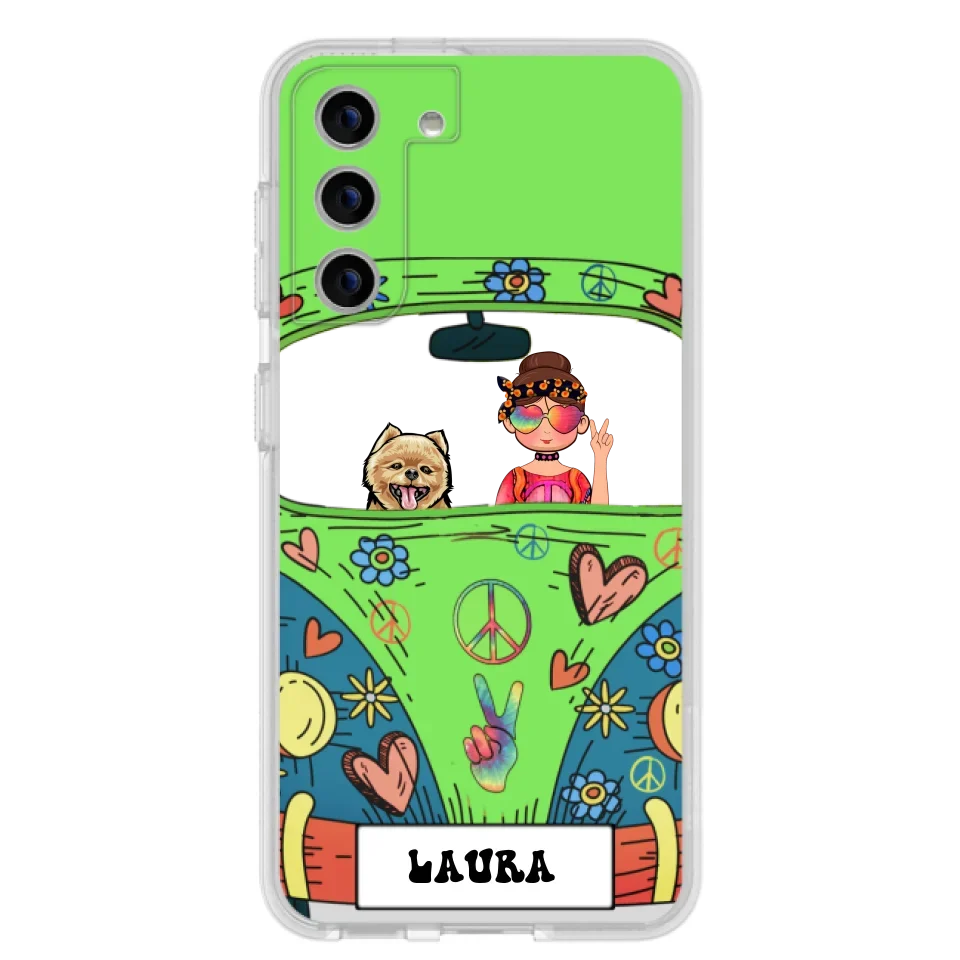 Personalized Hippie Girl Phone Case - Girl with up to 3 Pets - Case for iPhone, Samsung and Xiaomi