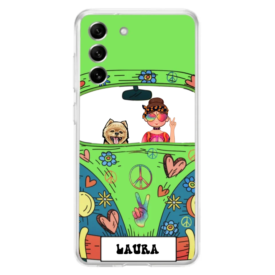 Personalized Hippie Girl Phone Case - Girl with up to 3 Pets - Case for iPhone, Samsung and Xiaomi