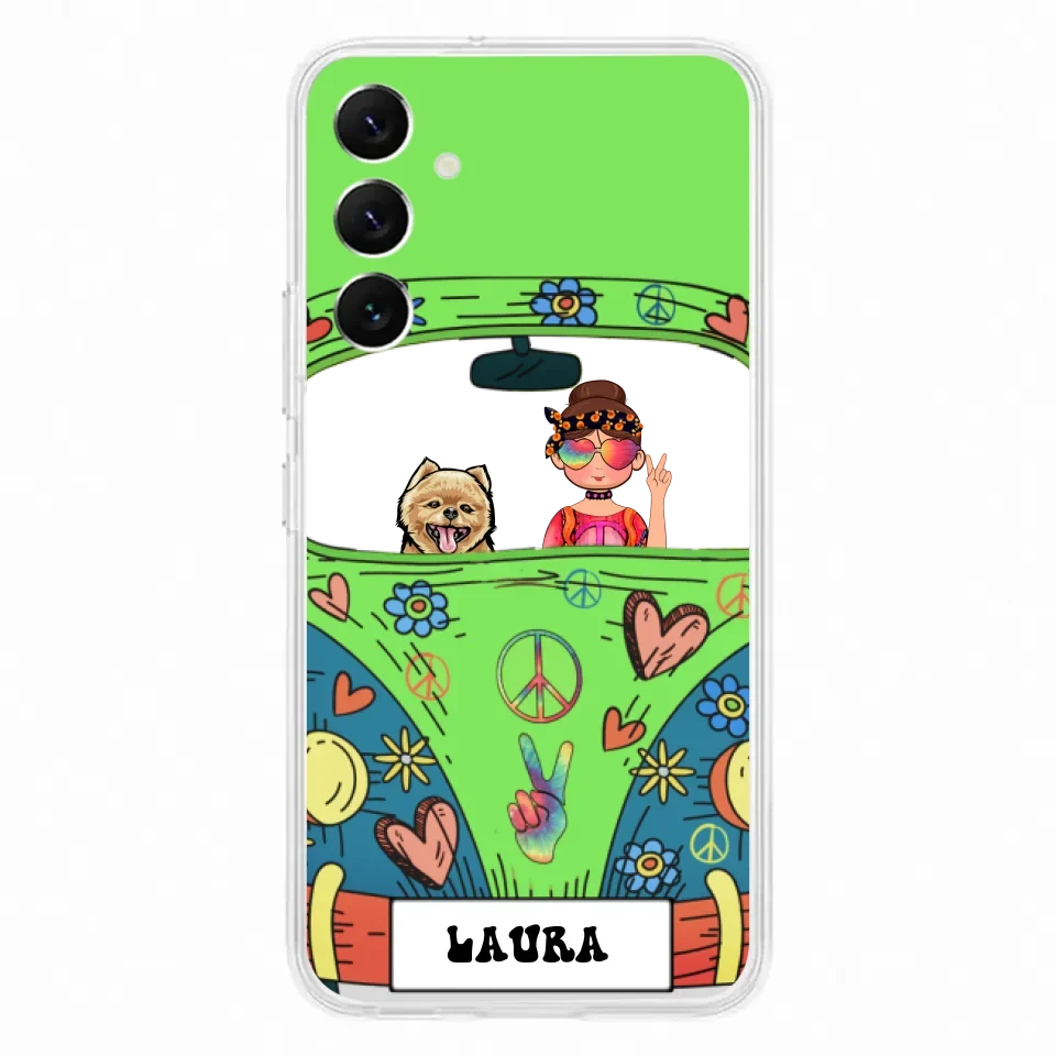 Personalized Hippie Girl Phone Case - Girl with up to 3 Pets - Case for iPhone, Samsung and Xiaomi